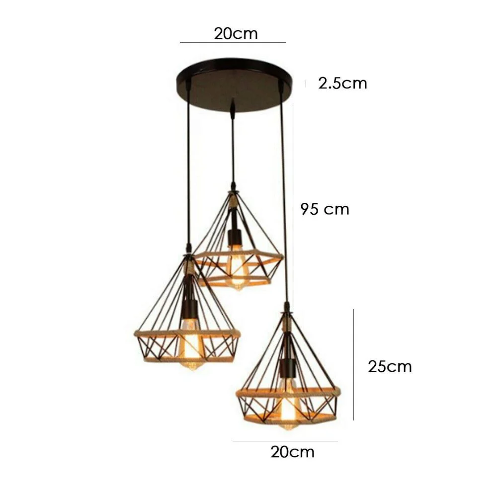 Three black metal pendant cages on a metal base, 95cm cable, suitable for modern pendant lighting in living rooms.