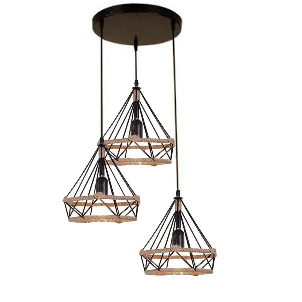 3 head pendant lamp featuring black metal cages, hemp‑tied wires, 20cm base, hanging from a ceiling.
