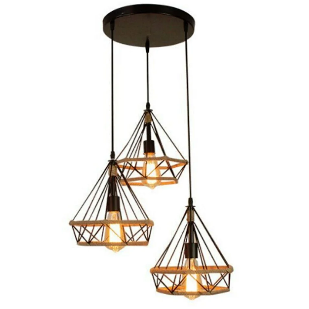 3 cluster pendant light featuring black metal housing with hemp accents, suspended by 95cm cable from a 20cm ceiling plate.