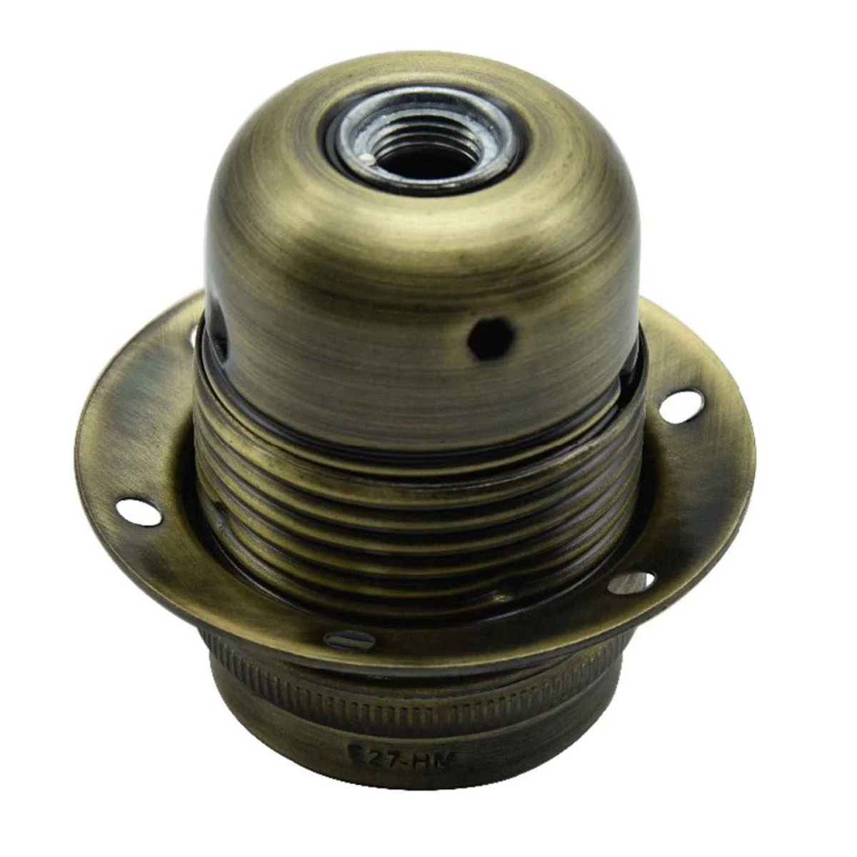 Black metal E27 vintage lamp holder with threaded socket, rounded shape, 5.6 cm tall and 5.9 cm wide.