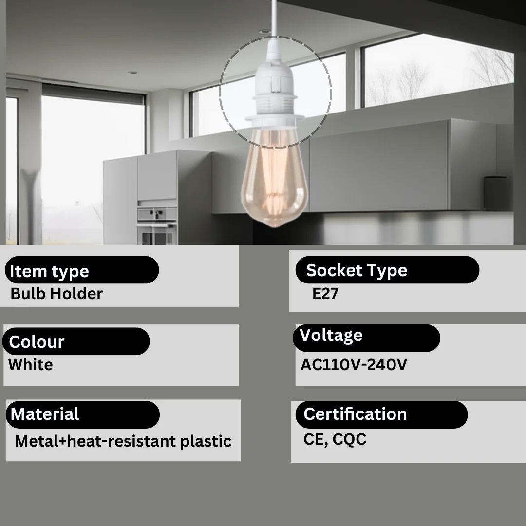 White E27 lamp holder with metal and heat‑resistant plastic ring and cord grip, suitable for vintage exposed bulbs.