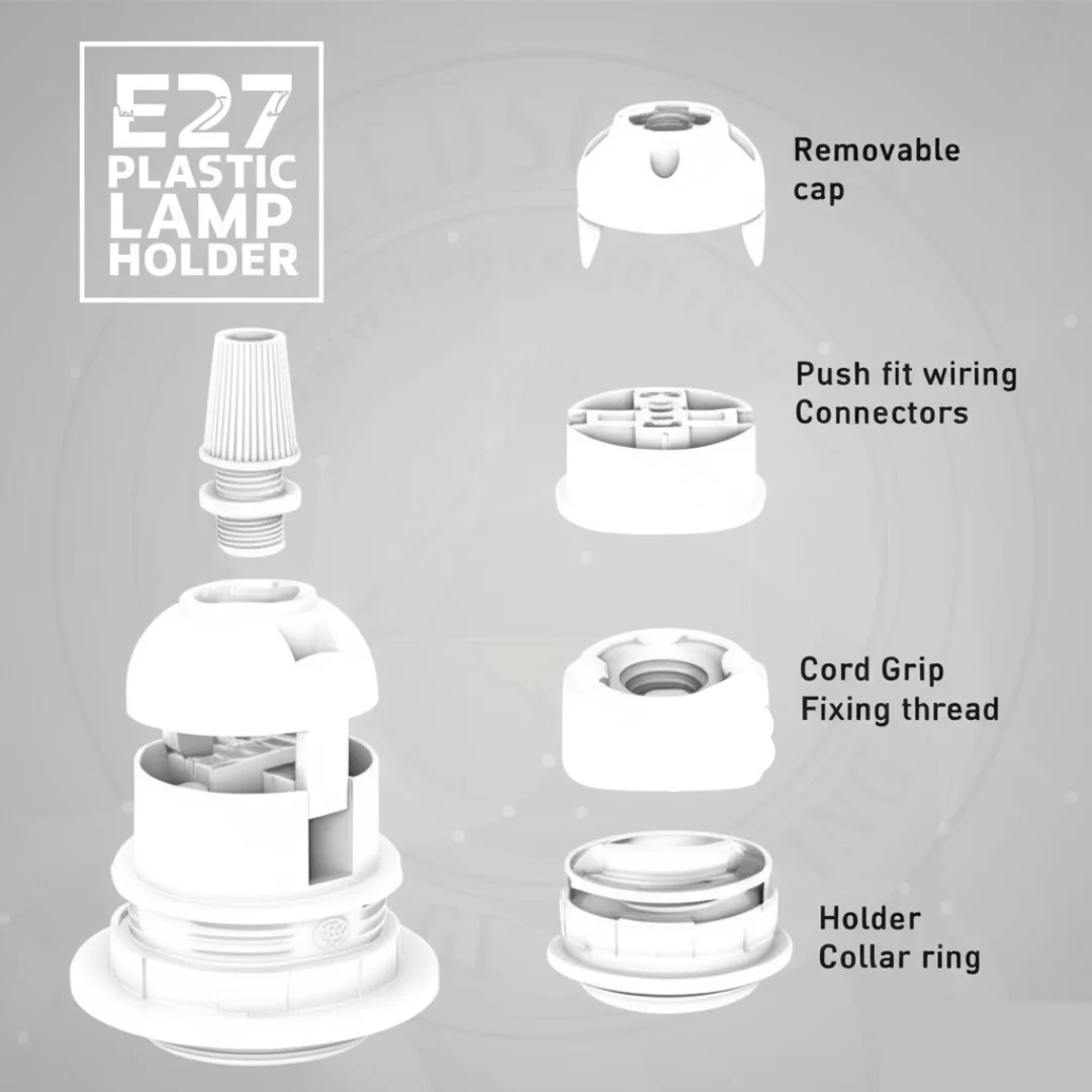 White metal bulb holder with ring, socket for E27 Edison bulb, heat‑resistant plastic cord grip.