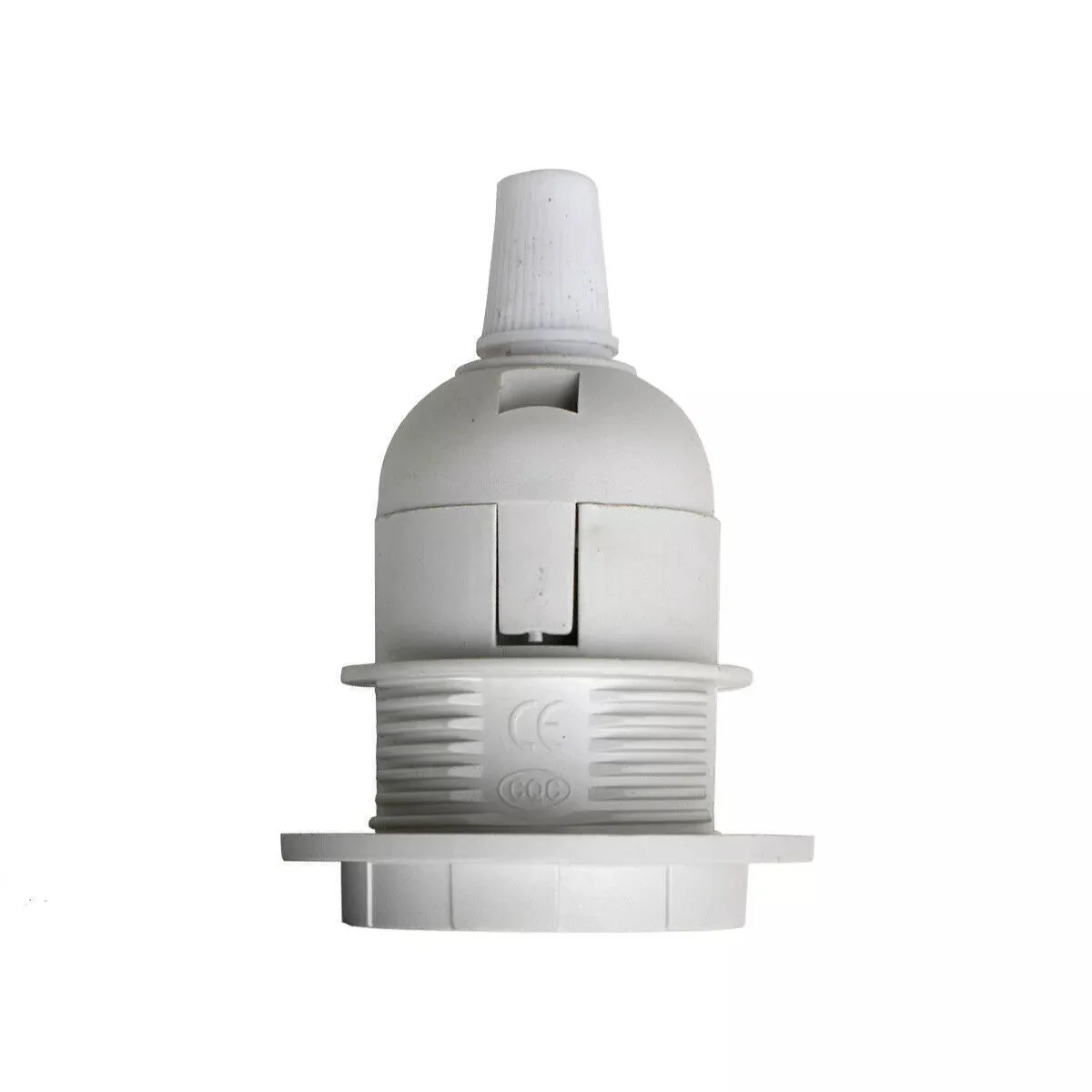 White lamp holder with cord grip and shade ring, designed for E27 socket, metal and heat‑resistant plastic.