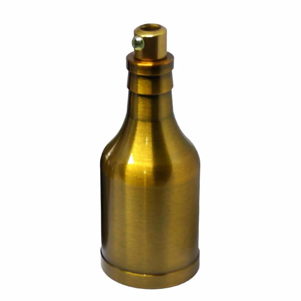 Yellow brass bottle‑shaped E27 vintage bulb holder, cylindrical design with screw‑on socket for antique lamp.