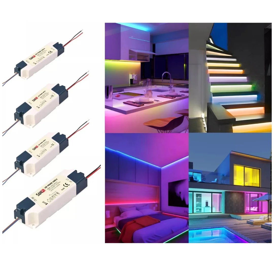 Compact 12V LED power supply with DC output terminals, plastic housing, CE and RoHS labels.