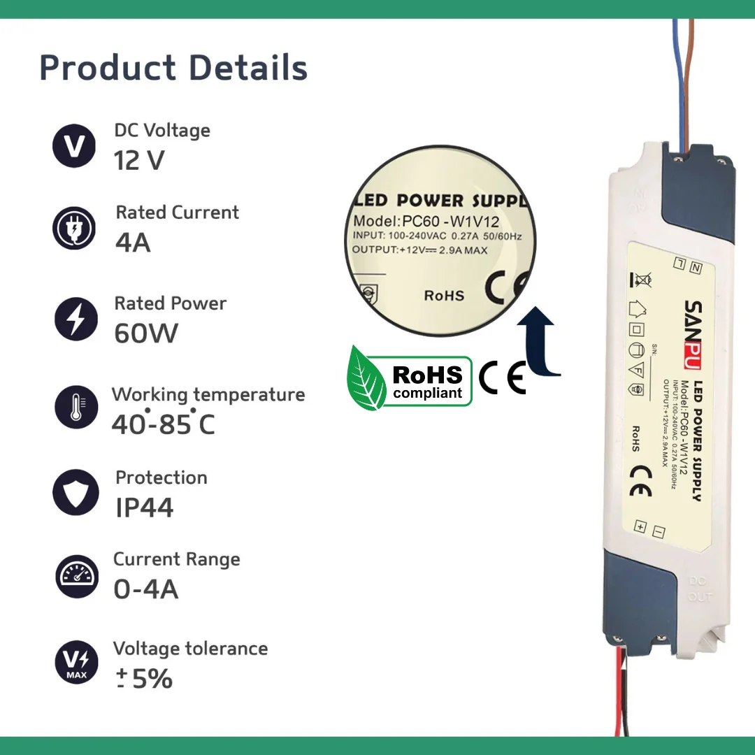 Compact 12V 60W LED driver power supply in lightweight plastic housing with IP44 rating and 5A output.