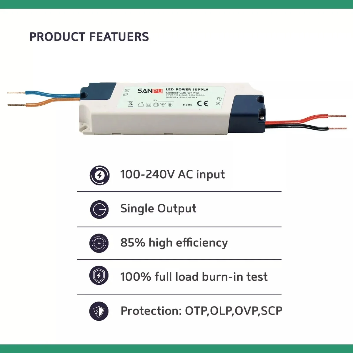 Compact plastic DC 12V transformer, 100‑240V AC input, 12V 5A output, white rectangular case with screw mounting holes.