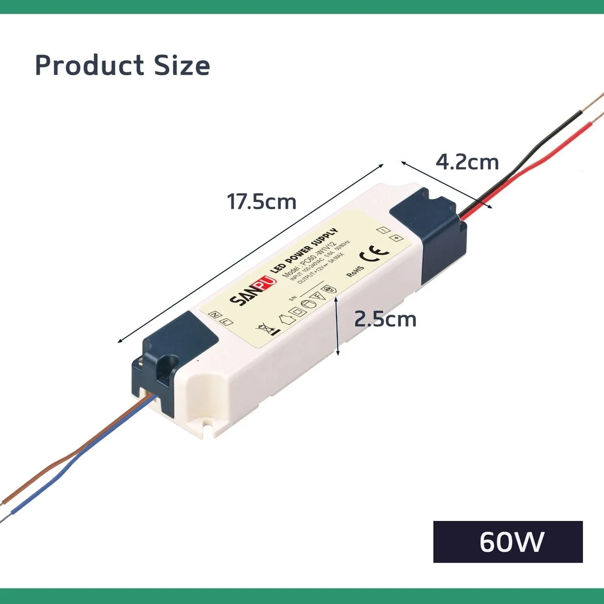 Compact black plastic regulated switching power supply with 12V, 5A output, IP44 rating and 60W power on front label