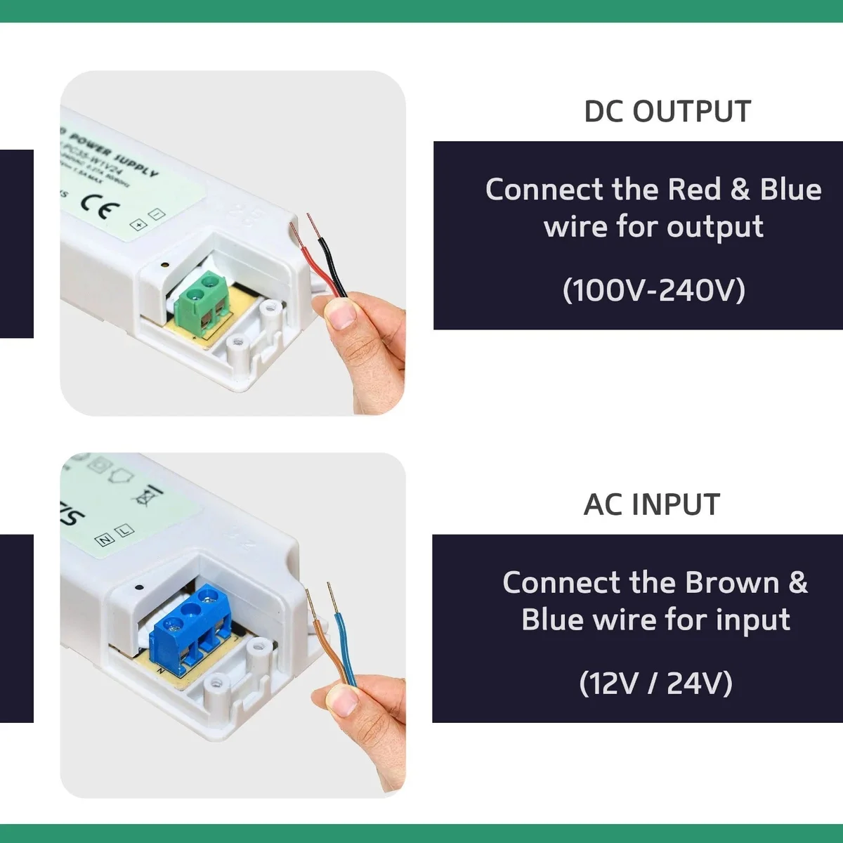 Compact indoor LED transformer, 12V 60W output, plastic shell, dimensions 4.2x2.5x17.5cm, IP44, 100‑240V AC input.