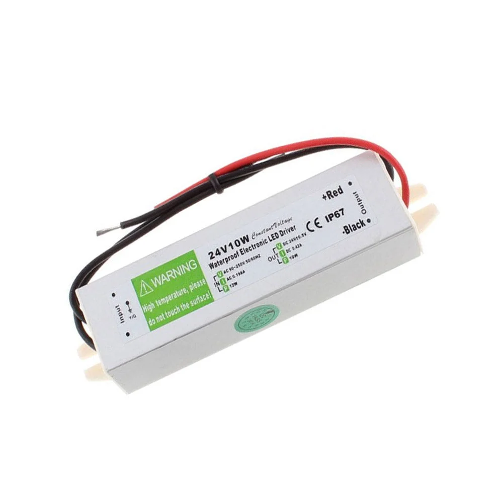IP67 24V LED driver in aluminum alloy housing, 30×97×20 mm dimensions, waterproof with rubber‑sealed cables.