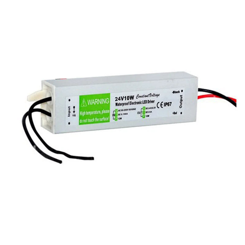 Aluminum alloy 24V 10W waterproof LED driver with IP67 rating, black enclosure, metal casing, 4mm rubber plugs.