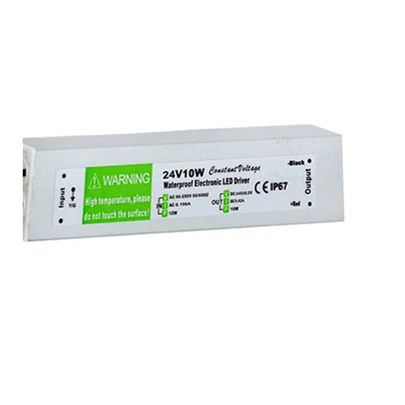 Aluminum alloy constant voltage transformer, 24V 10W LED driver with metal casing and rubber‑sealed cables, labelled.