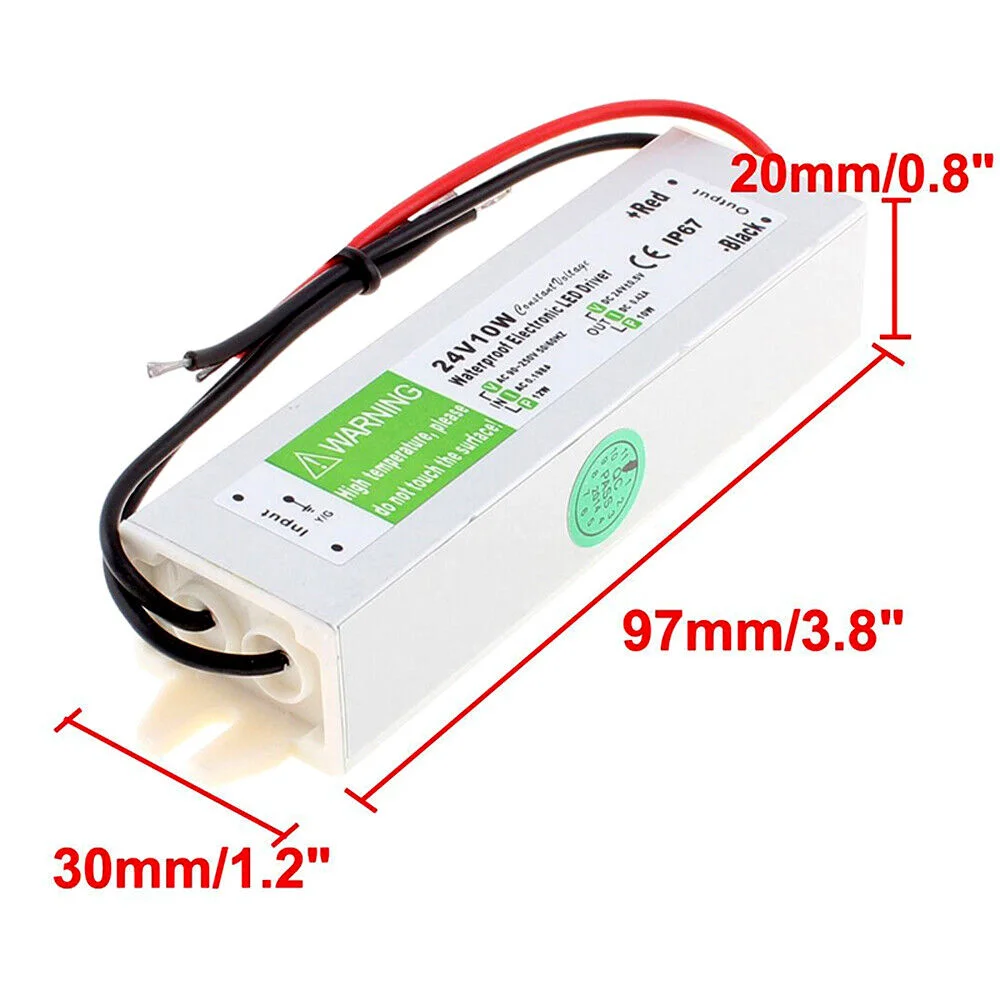 Aluminum alloy LED driver transformer with rubber‑sealed cables, labeled 24V DC 10W, IP67 waterproof, outdoor LED transformer.