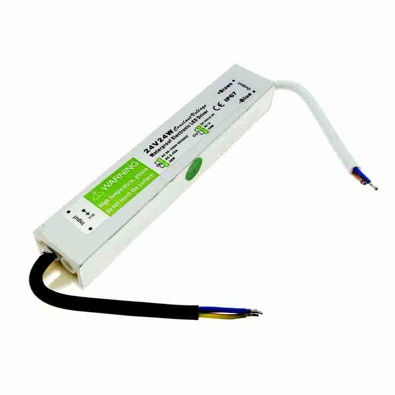 24V LED driver power supply in sleek aluminum alloy enclosure with rubber sealed cables, rated IP67 waterproof.