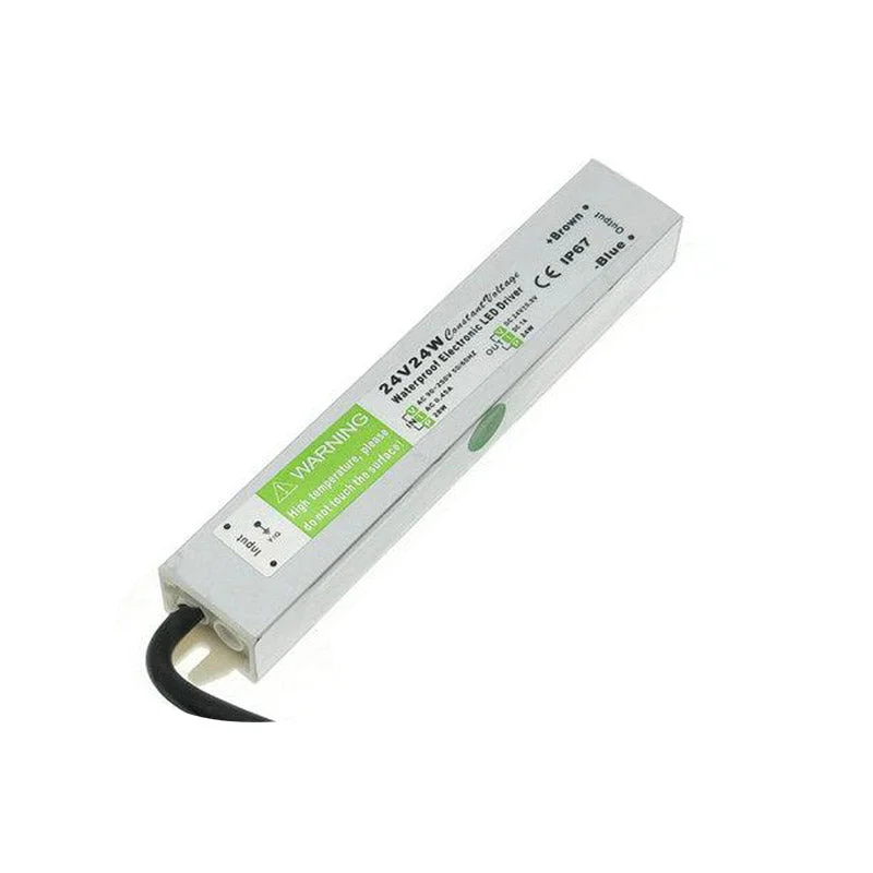 Compact IP67 waterproof LED driver in a silver aluminium alloy enclosure, labelled 24V 24W with tiny rubber‑sealed cables.