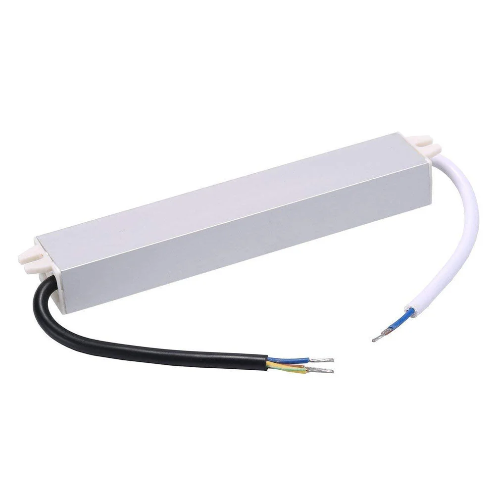 Aluminum alloy constant voltage LED transformer in a rectangular casing, with a rubber‑sealed cable and visible fuse.