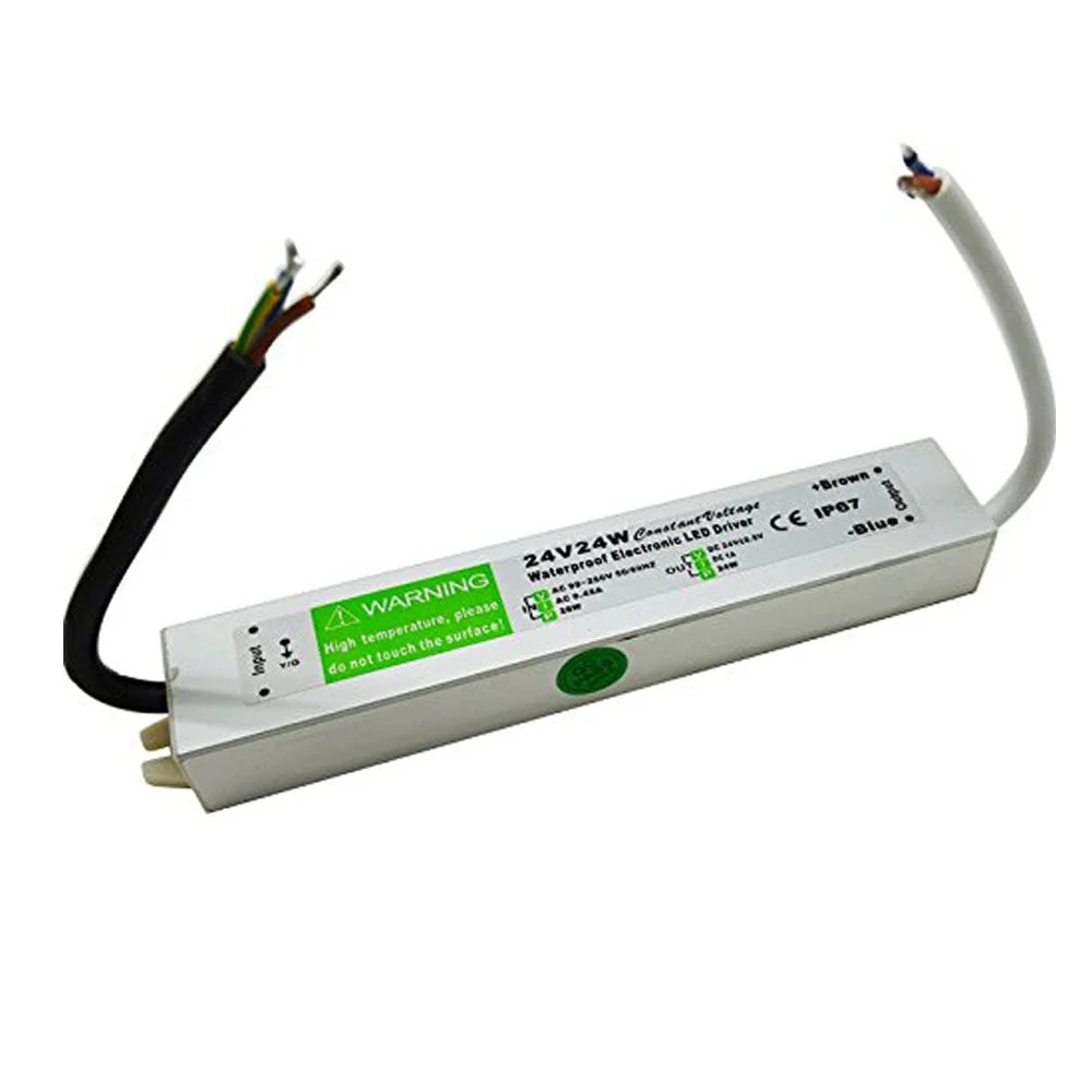 Aluminum alloy 24 watt LED power supply unit in IP67 waterproof enclosure with rubber sealed cable.