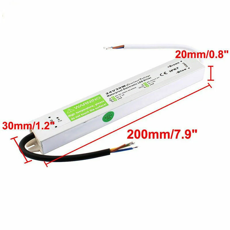 24V LED driver power supply in aluminium alloy casing, rubber‑sealed cables, labelled 24V 24W, IP67 rated.