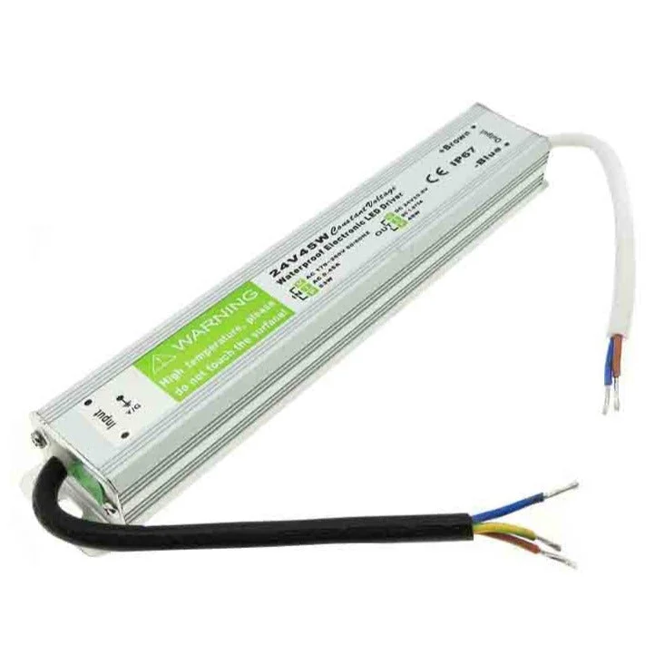 Aluminium alloy IP67 LED driver transformer, labelled 24V 45W, front view with rubber‑sealed cable connectors.