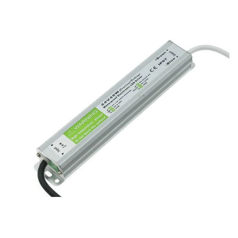 Compact aluminium alloy LED driver with 24V output, labeled IP67, boxed with cable and mounting screw, waterproof LED driver