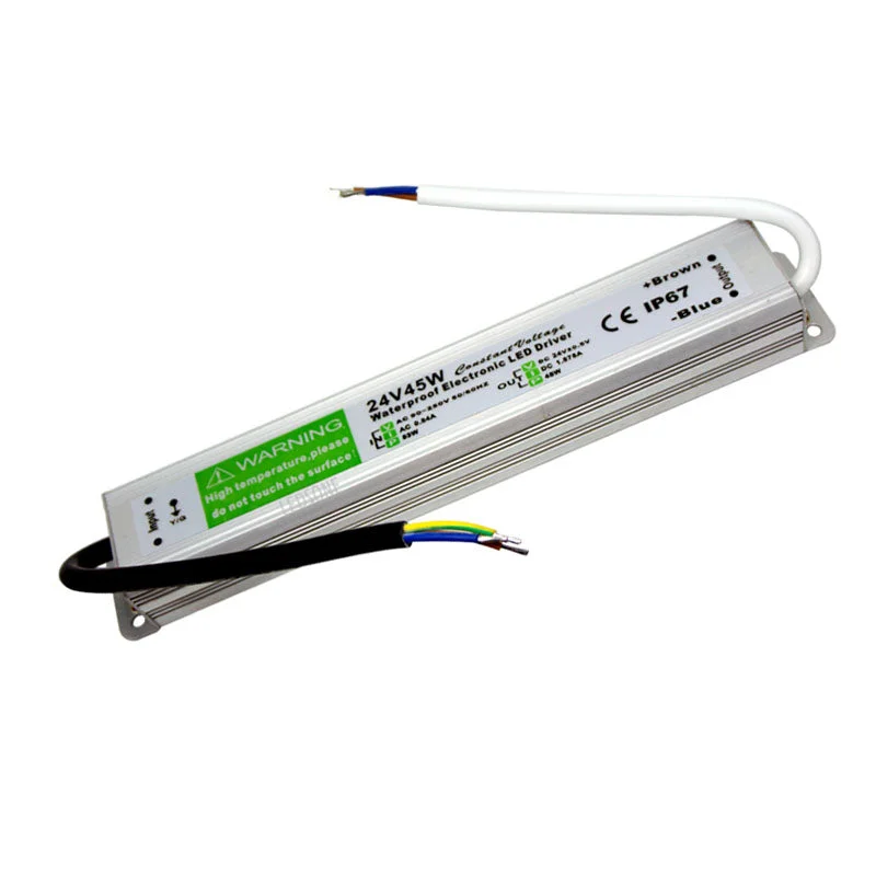 24V LED transformer in rugged aluminum alloy case with rubber‑sealed cable. 45W, IP67 rating, DC output 24V
