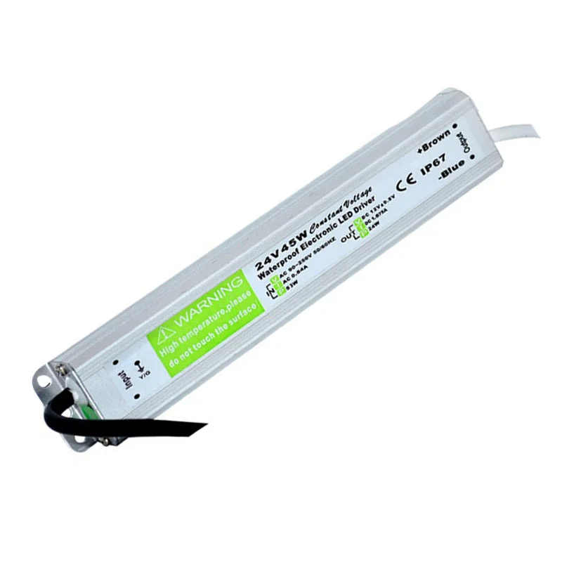 Industrial LED power supply transformer in aluminum alloy casing, compact 185x35x23mm, dark exterior with cable ports