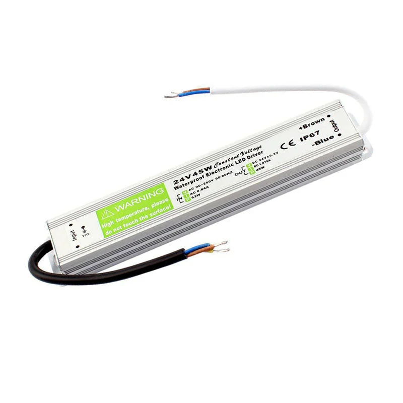 Compact IP67 LED strip power supply in aluminum alloy case with rubber sealed cables, ready for outdoor lighting