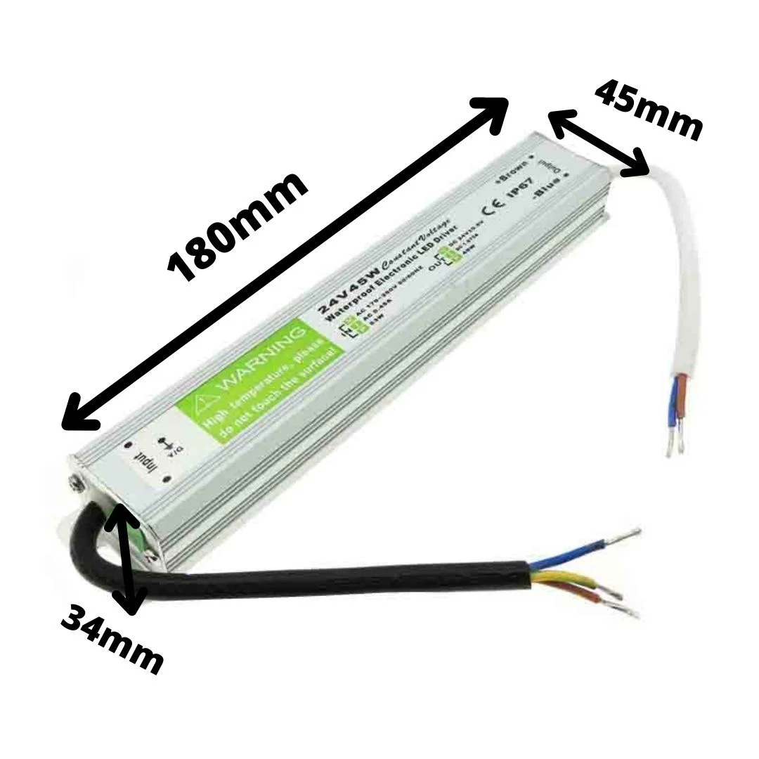 IP67 LED driver transformer in rugged aluminum alloy case, labeled 24V 45W, with rubber‑sealed cables.