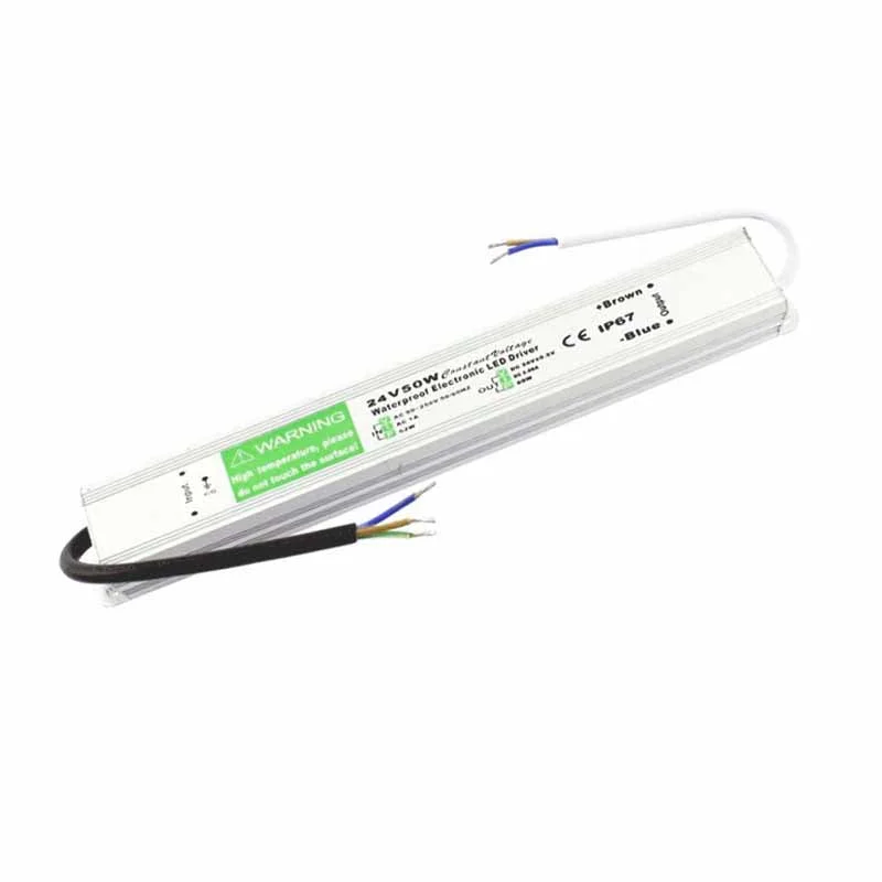 Aluminum alloy LED driver transformer stamped 24V 50W with rubber cable seals and IP67 rating, compact 35mm × 185mm × 23mm