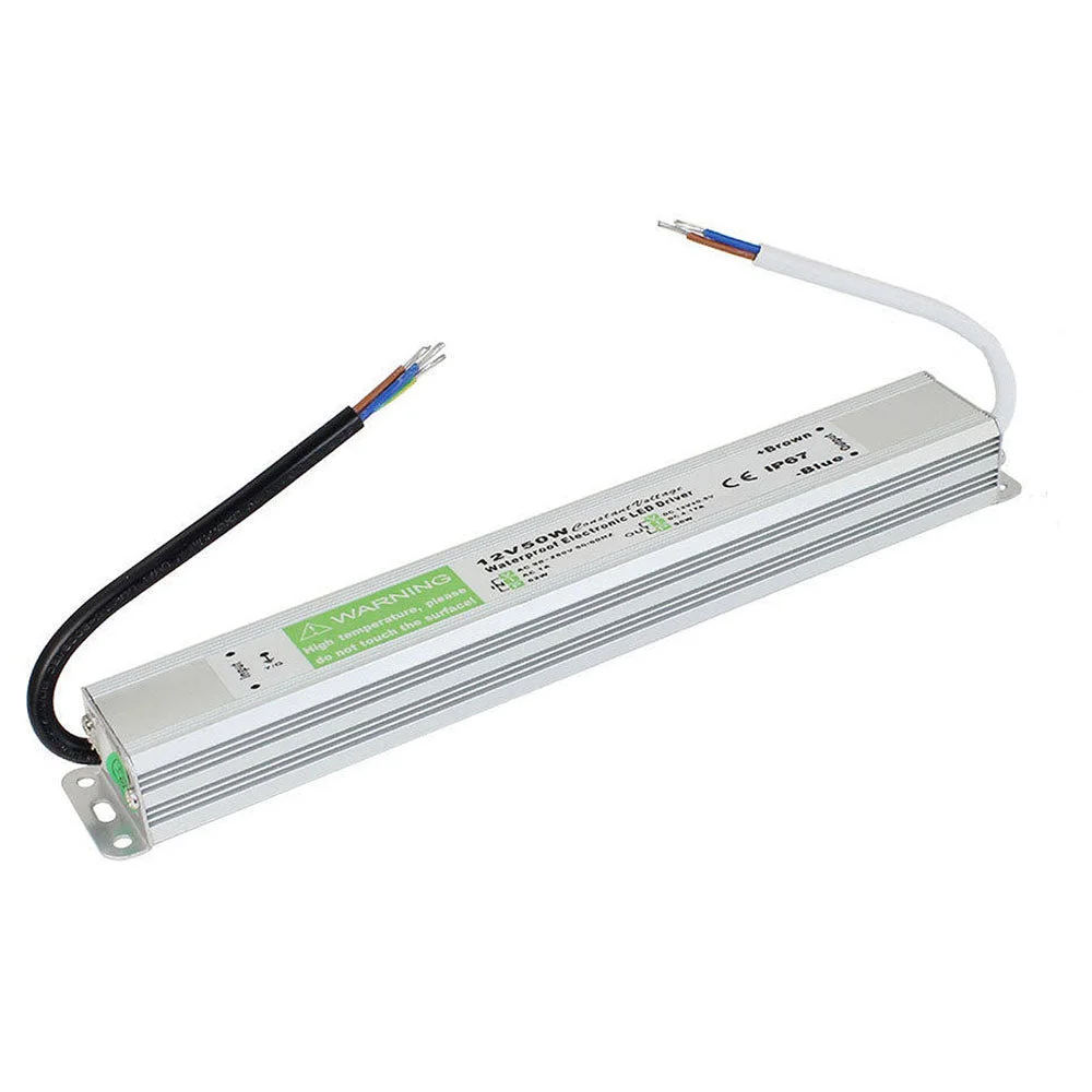 Aluminium alloy LED driver transformer, IP67 waterproof rating, 30 mm wide, showing rubber‑sealed cables and metal casing.