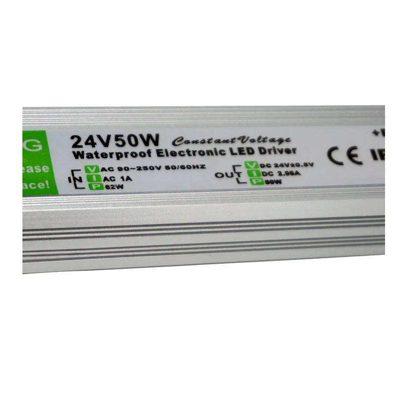 Aluminum alloy LED power supply transformer, 50W constant‑voltage DC 24V, rubber‑sealed cables, IP67 waterproof, 35×185×23mm