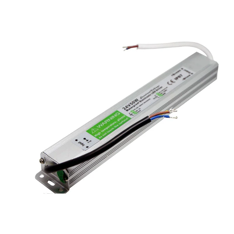 Aluminium‑alloy constant voltage LED transformer, 24V 50W IP67, 35 × 185 × 23 mm with rubber‑sealed cable.