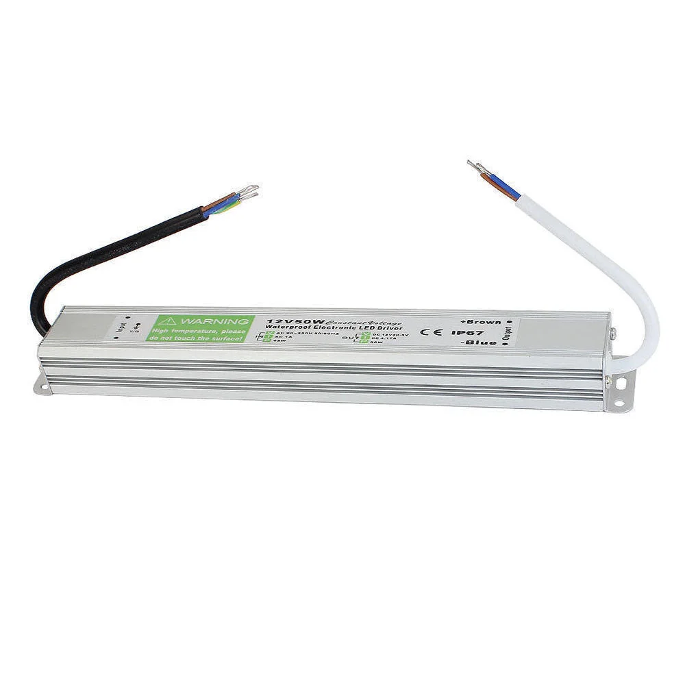 Aluminium alloy LED strip power supply with rubber‑sealed cables, labelled 24V 50W output.