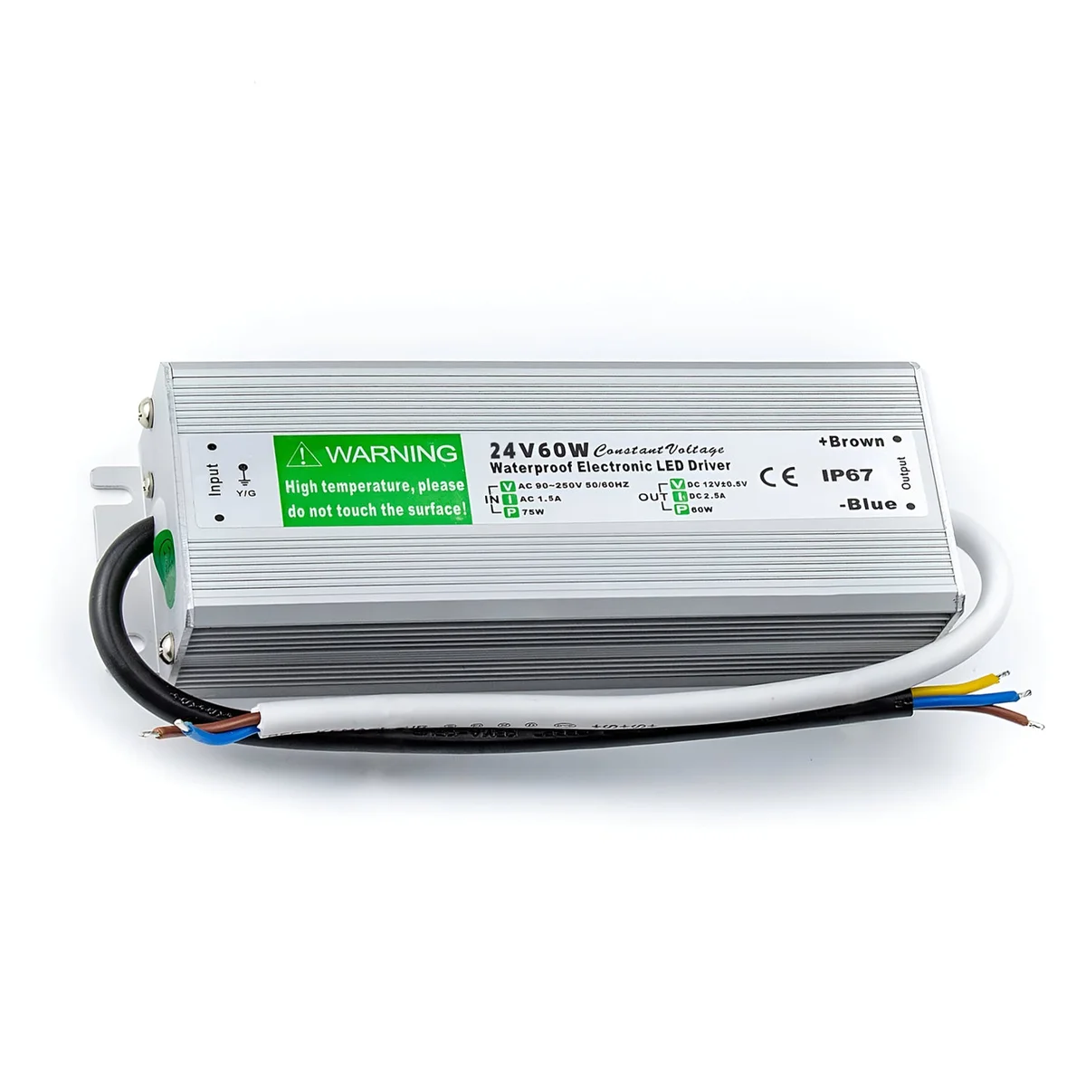Aluminium-cased 24V waterproof LED driver with input terminals, showing compact, professional build.