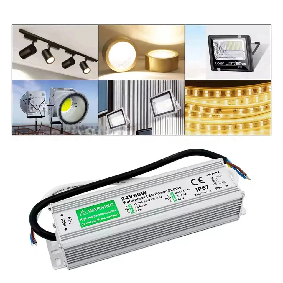 High‑grade aluminium housing of an IP67 LED driver, showing 24V 60W label and sealed front panel.