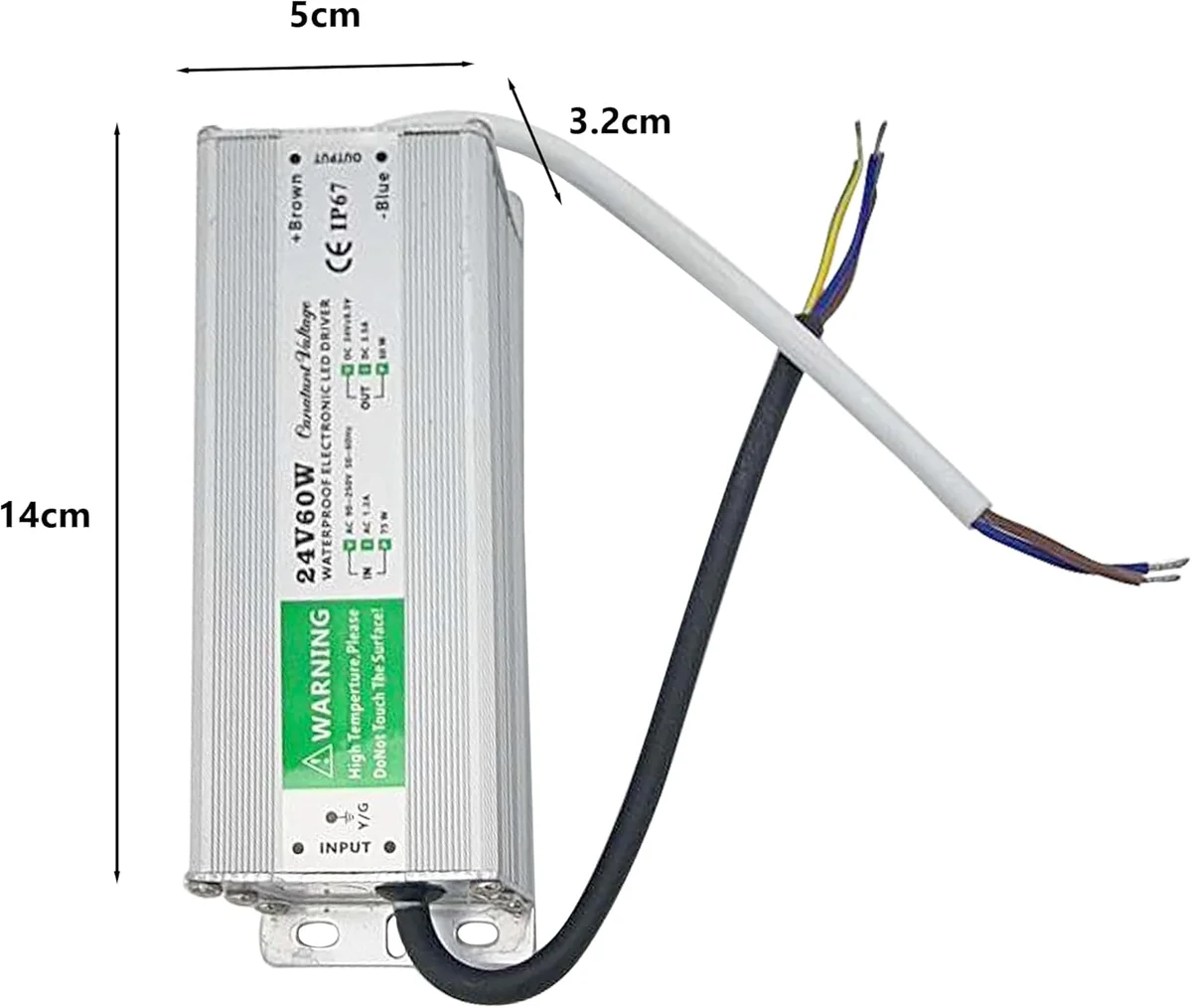 Compact aluminium housing of a 24V waterproof LED driver, showing robust enclosed unit with a dark metal surface.