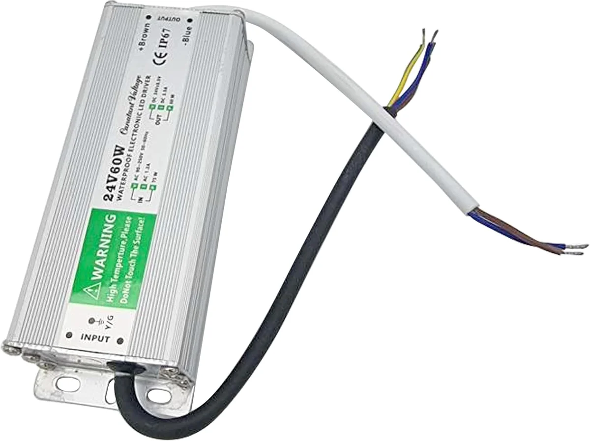24V waterproof LED driver in aluminium casing, labelled with IP67, 60W rating, shown from front with screw‑back opening and rectangular shape.
