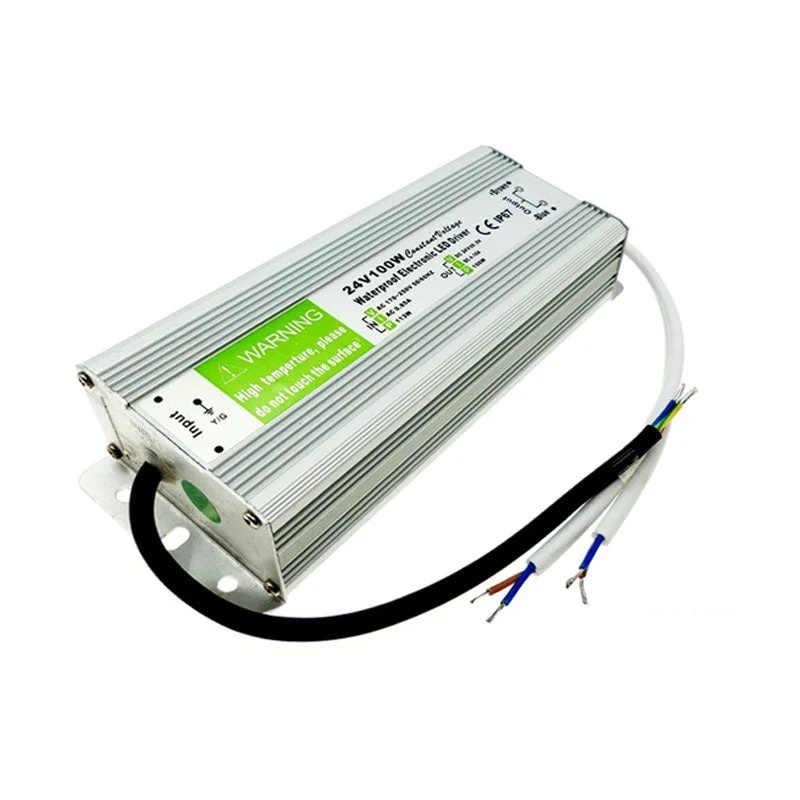 24v led driver transformer, 100W silver aluminium housing with IP67 waterproof label, labeled 200 mm × 70 mm × 45 mm.