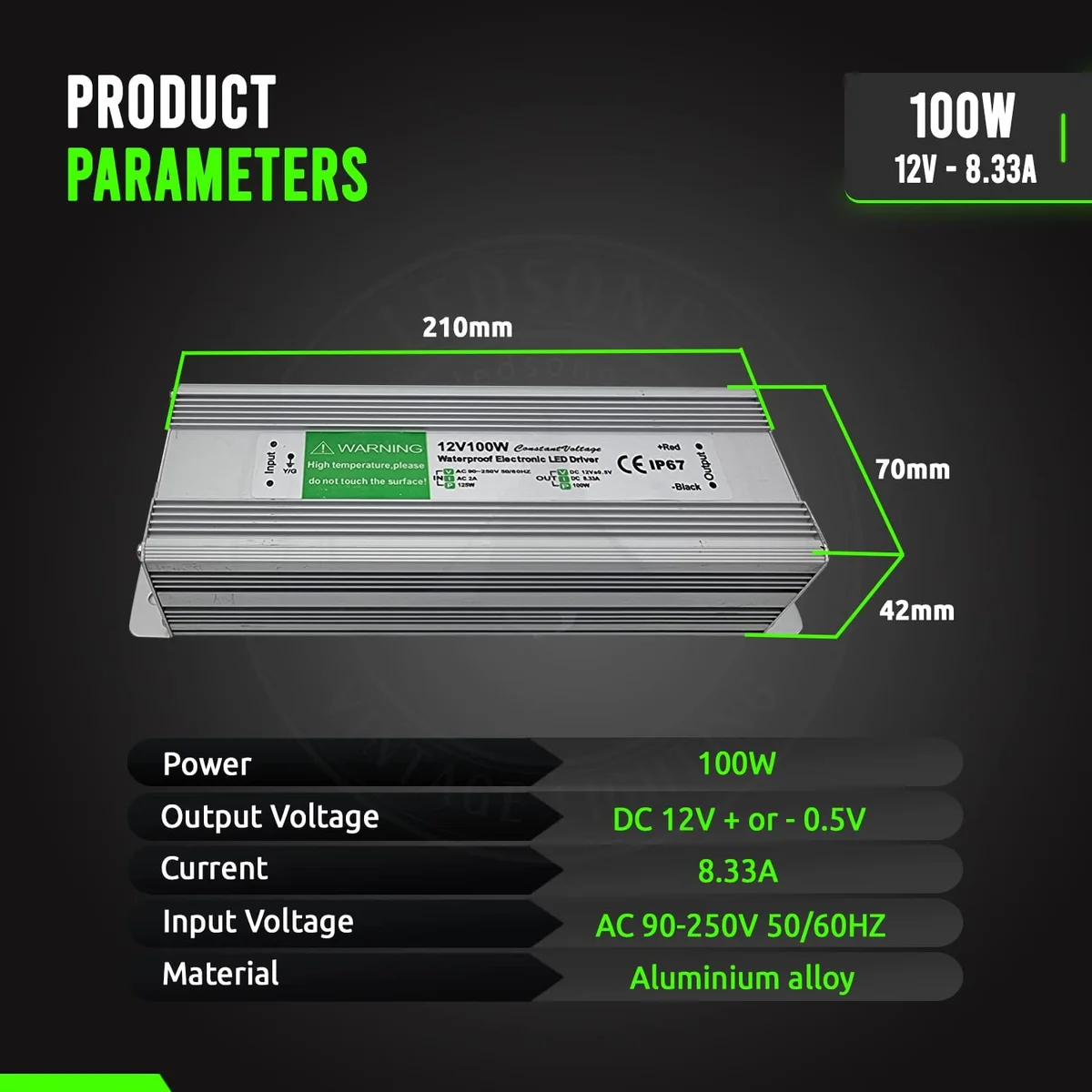 24V 100W IP67 waterproof LED driver in silver aluminium housing, compact 200×70×45mm, clearly labelled for outdoor use