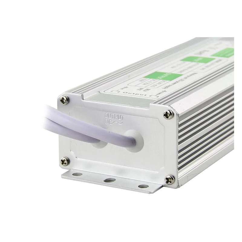 24V 100W IP67 constant voltage LED transformer in silver aluminium housing, labelled CE & RoHS.