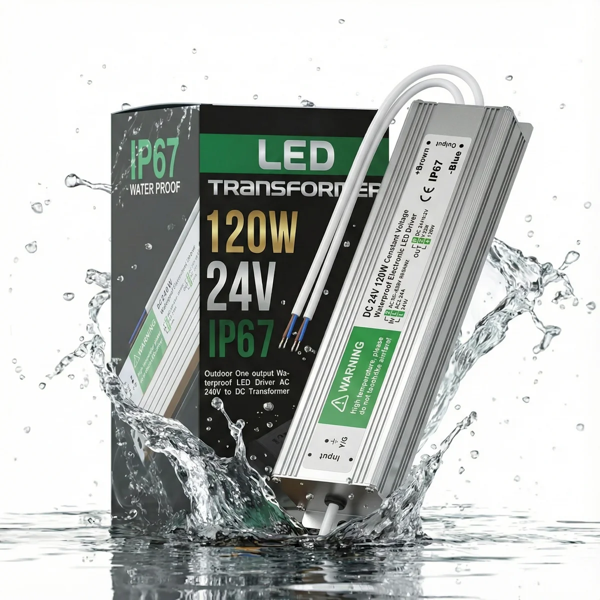 Aluminum alloy 24V LED driver with IP67 rating, labeled 120W 5A, cylindrical housing and connector