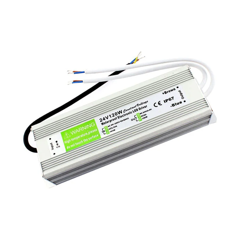 Aluminum‑cased IP67 waterproof LED driver with rubber‑sealed cables, 24V 5A DC output, rugged enclosure