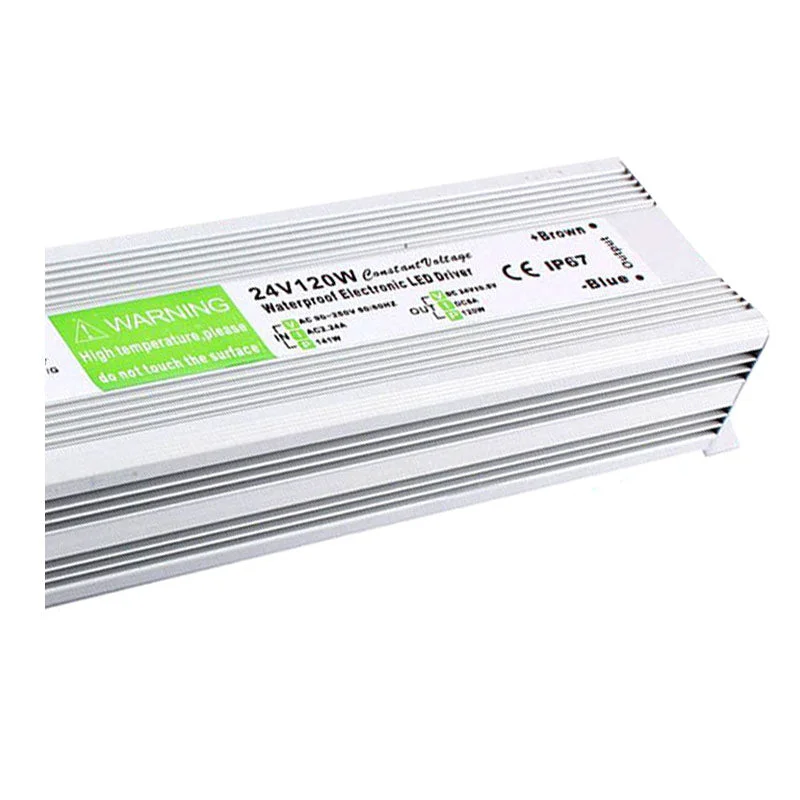 Aluminium‑cased 120W LED power supply with 24V output, rubber‑sealed cables, IP67 rating.