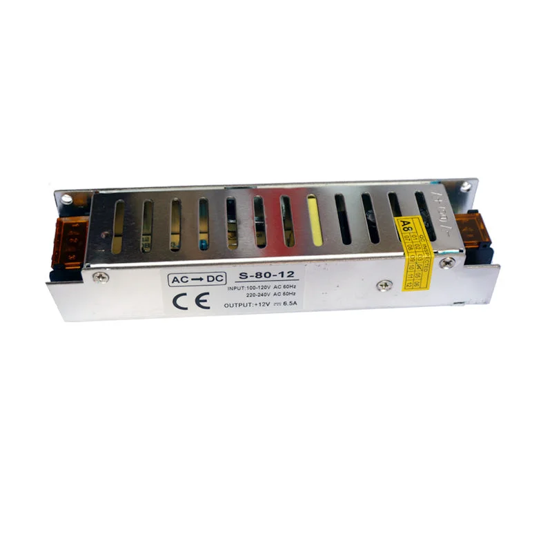 Small rectangular DC12V 6.5A 80W constant voltage LED driver with IP20 rating, labeled DC12V 80W 6.6A.