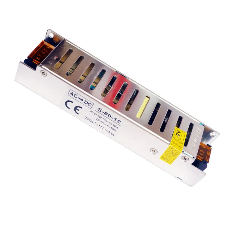 80W LED power supply transformer, compact 12V DC regulator with switch for AC 100/120V input, rectangular unit, 12V output