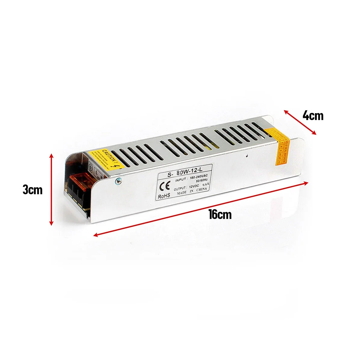 Compact rectangular DC12V LED transformer, 80W, 6.5A, IP20 rated power supply with input switch and output leads