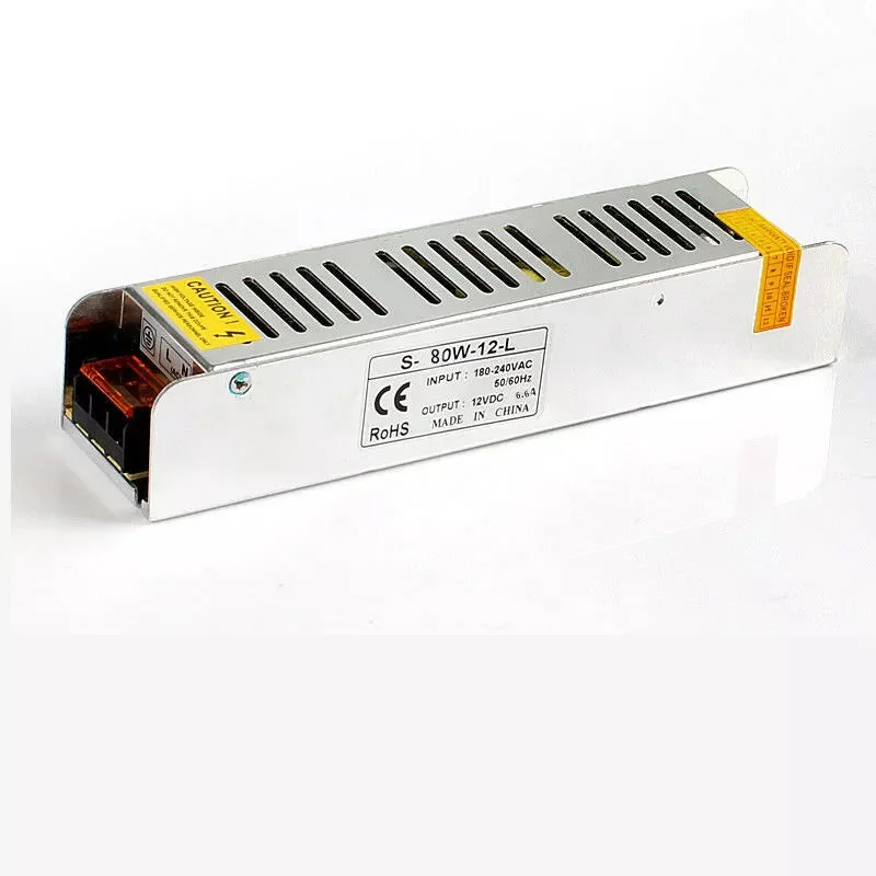 Mini LED power supply, IP20 rated, 12V DC output, 80 W, compact silver block with rounded edges.