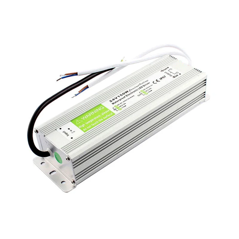 Aluminium alloy 24V LED driver transformer, IP67 waterproof, 150W, rectangular board with cable.