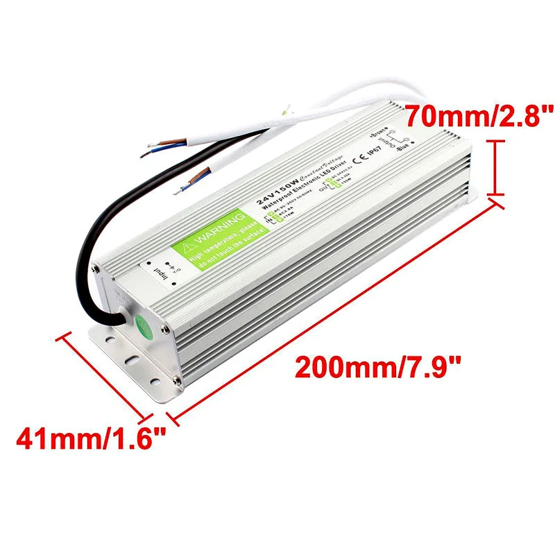 Aluminium alloy 150W LED power supply, IP67 waterproof rectangular transformer, metal casing and short cable.