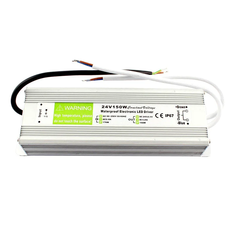 Compact 24V LED driver transformer in aluminium alloy casing, IP67 waterproof, 150W, visible power cable connections